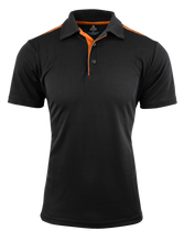 Load image into Gallery viewer, Black polo shirt with orange accents on a white background