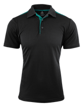 Load image into Gallery viewer, Black polo shirt with green on a white background