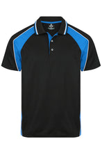 Load image into Gallery viewer, Black polo shirt with blue accents on a white background
