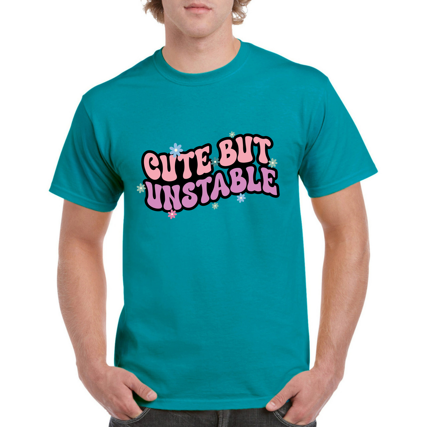 One-off 'Cute but Unstable' Cotton T-Shirt with Durable Glitter DTF Print