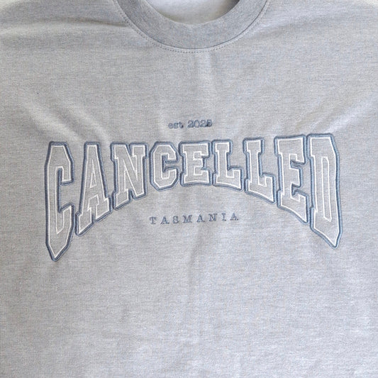 "Cancelled" Sports Grey Jumper – Passive-Aggressive Cosy Energy
