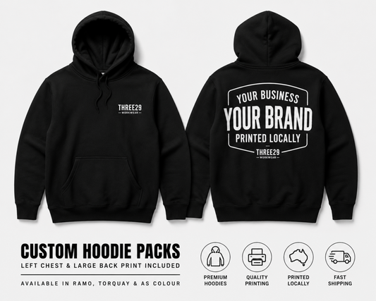 Black hoodie with front and back prints on a white background