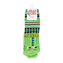 Load image into Gallery viewer, Green children's sock with crocodile design on a white background, featuring 'Lolly Kicks' branding.