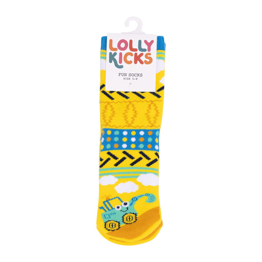 Yellow children's sock with pattern and cartoon character, branded 'Lolly Kicks', on a white background.