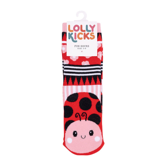 Lolly Kicks fun socks with a ladybug design on a white background