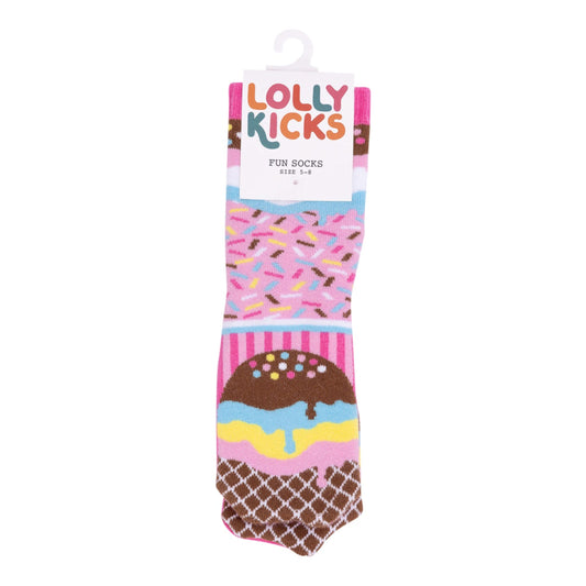 Colorful ice cream cone sock with 'Lolly Kicks' branding on a white background