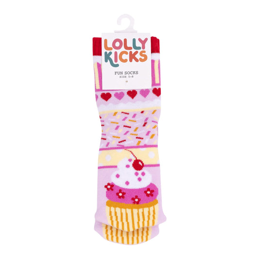 Packaged children's socks with cupcake design and 'Lolly Kicks' branding on a white background