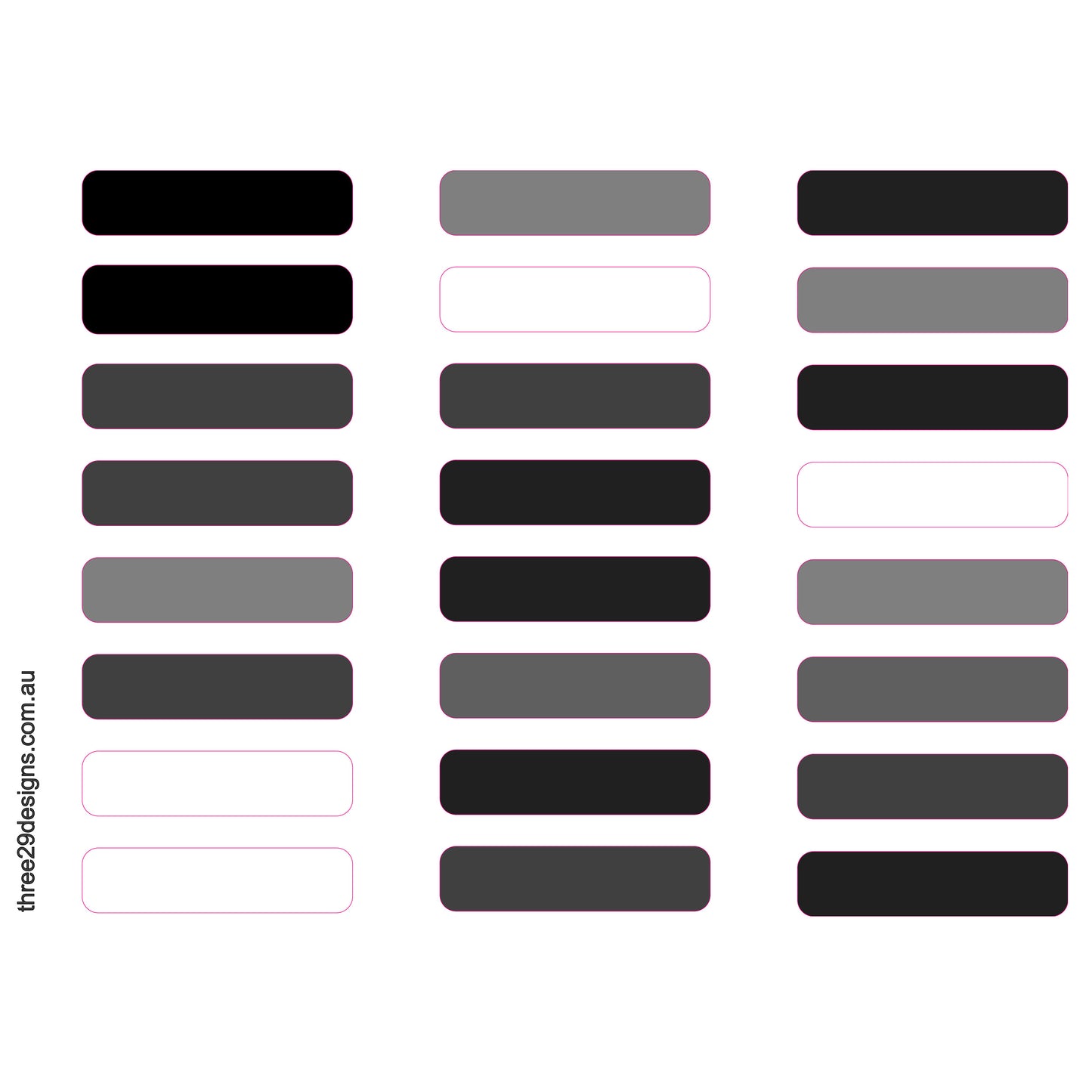 A grid of flat rounded rectangular color swatches in black, gray, and white tones, arranged in three columns on a white background. Small pink outline borders appear around some swatches, and the text 'three29designs.