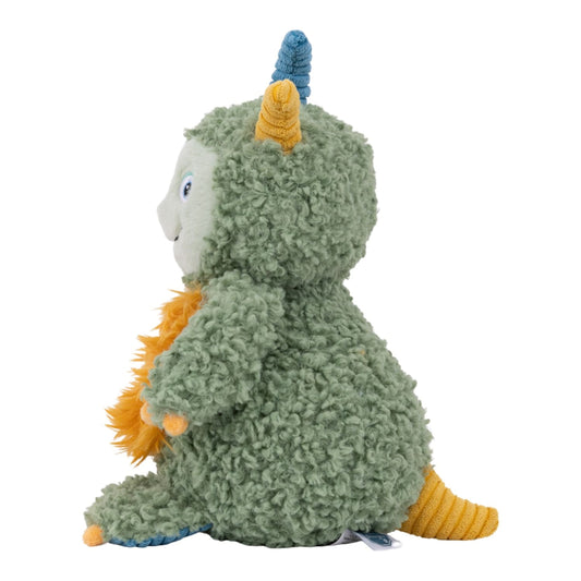 Green plush toy with yellow accents on a white background
