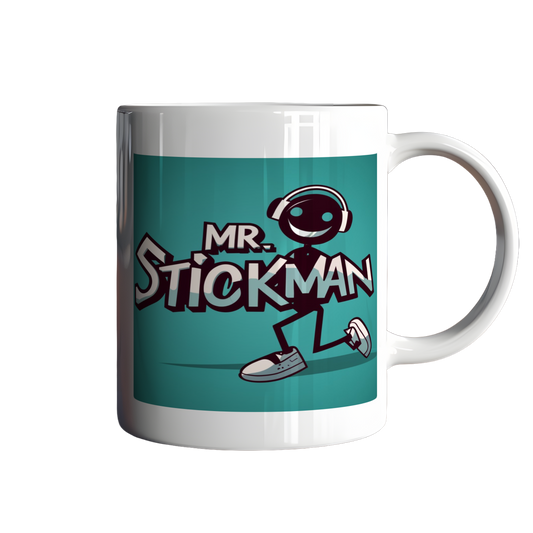 Mug with 'Mr. Stickman' design on a teal background