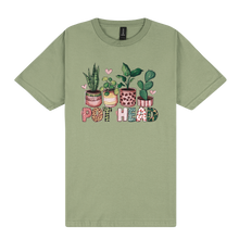 Load image into Gallery viewer, A green T-shirt with a graphic print of potted plants and the word 'POTHEAD' on it.