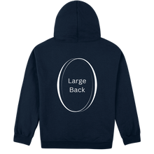 Load image into Gallery viewer, Navy blue hoodie with 'Large Back' text on a white background