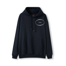 Load image into Gallery viewer, Black hoodie with a small logo on the chest against a white background