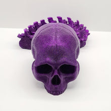 Load image into Gallery viewer, Glitter Purple PLA 3D Printed Skull With Articulated Spine