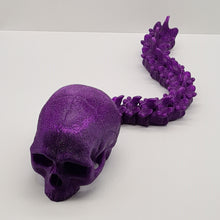 Load image into Gallery viewer, Glitter Purple PLA 3D Printed Skull With Articulated Spine