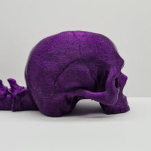 Load image into Gallery viewer, Glitter Purple PLA 3D Printed Skull With Articulated Spine
