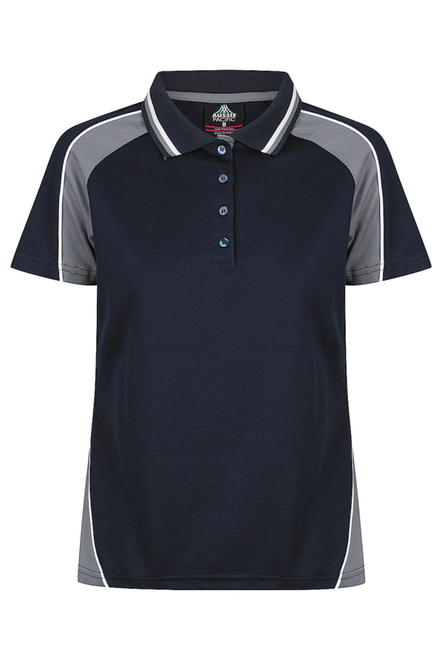 Navy and gray polo shirt with white accents on a white background