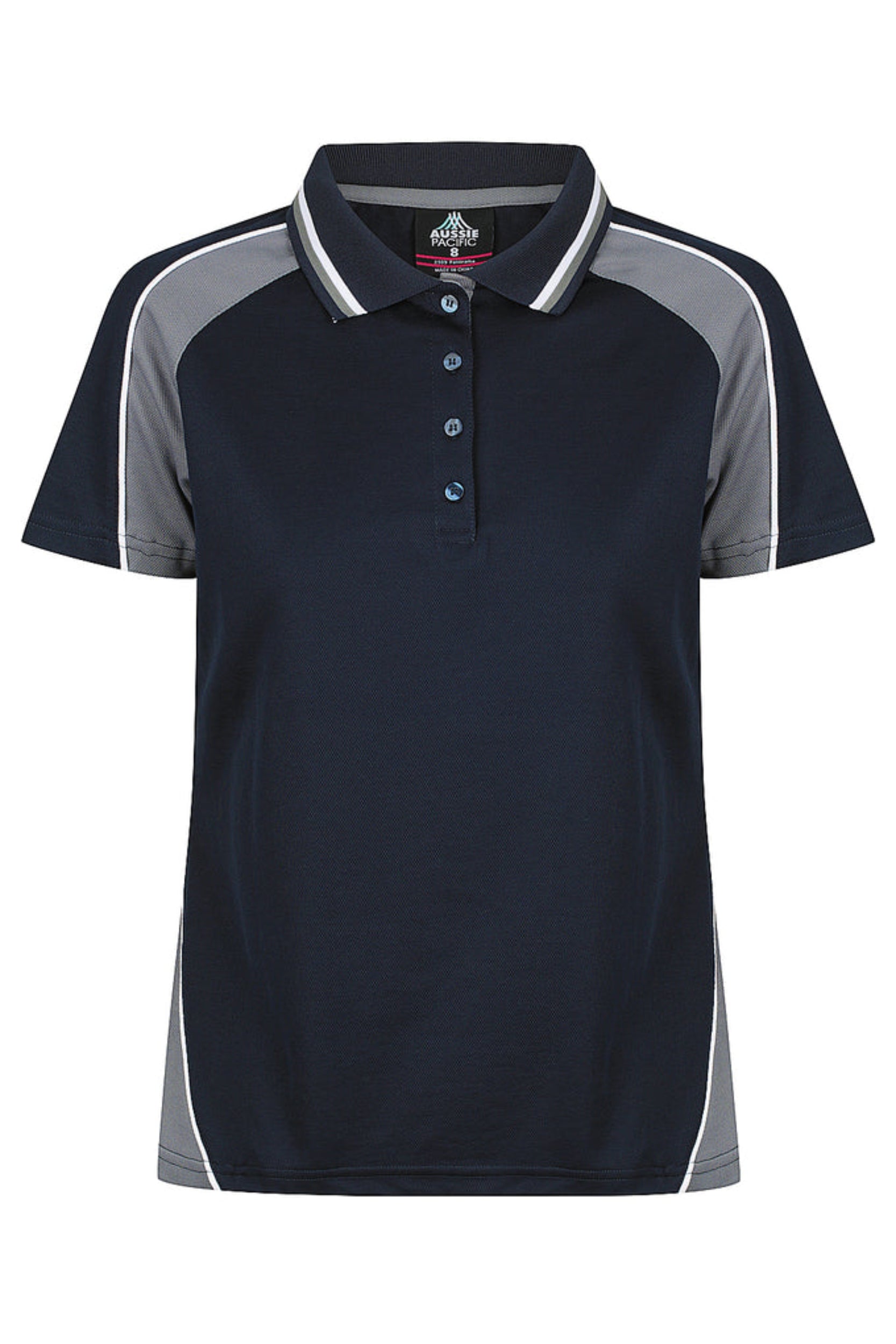 Navy and gray polo shirt with white accents on a white background