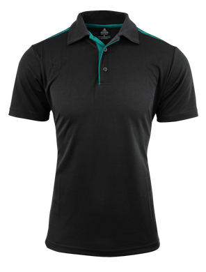 Black polo shirt with green on a white background