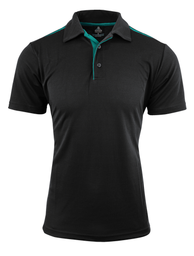 Black polo shirt with green on a white background