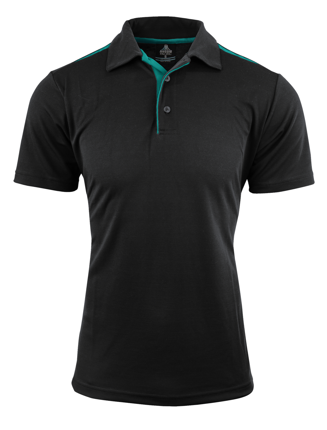 Black polo shirt with green on a white background