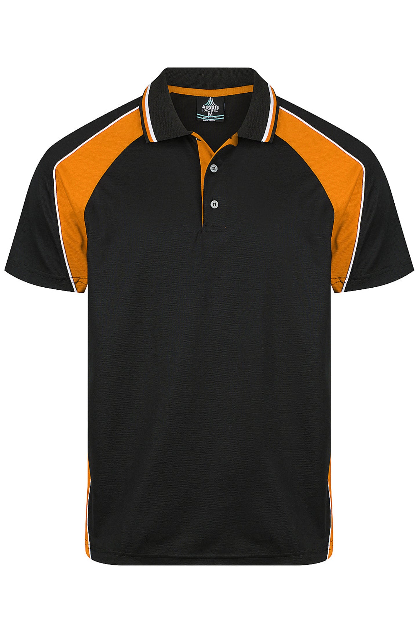 Black and orange polo shirt on a white background