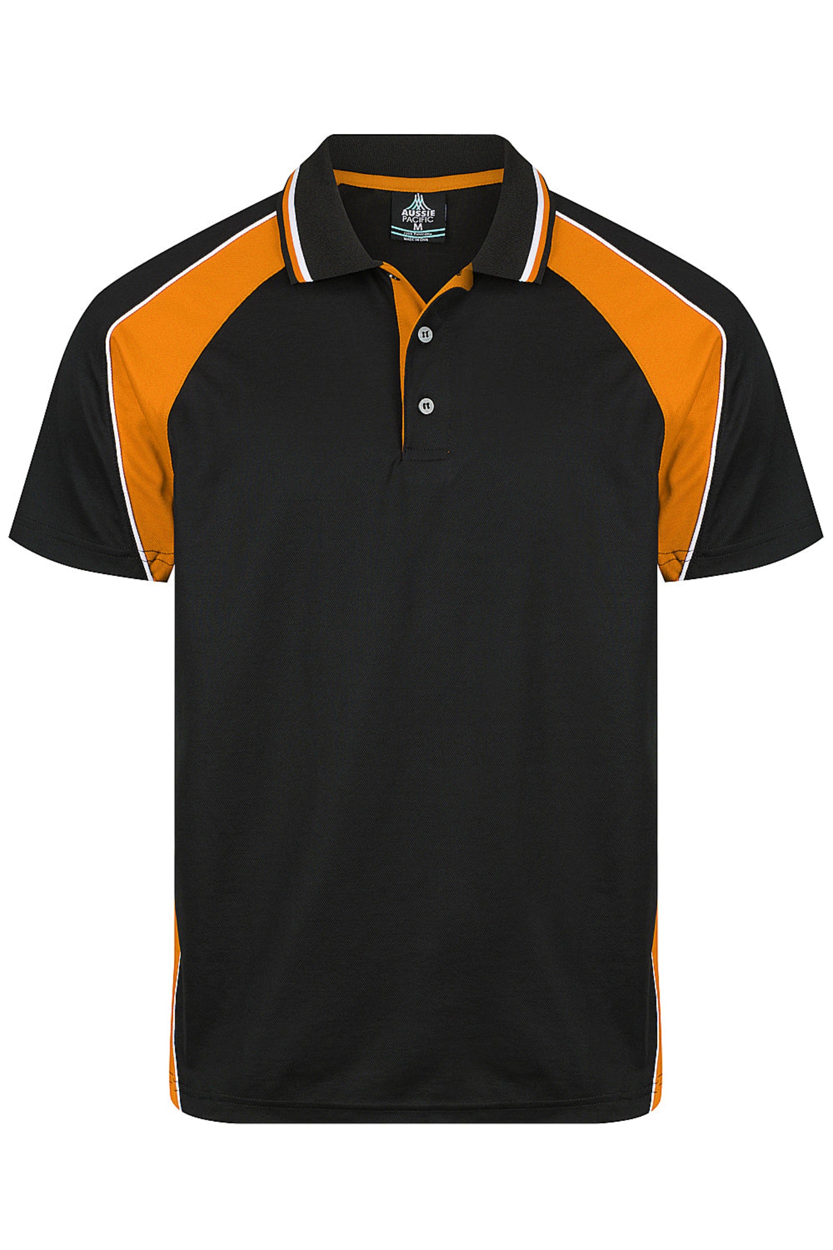 Black and orange polo shirt on a white background