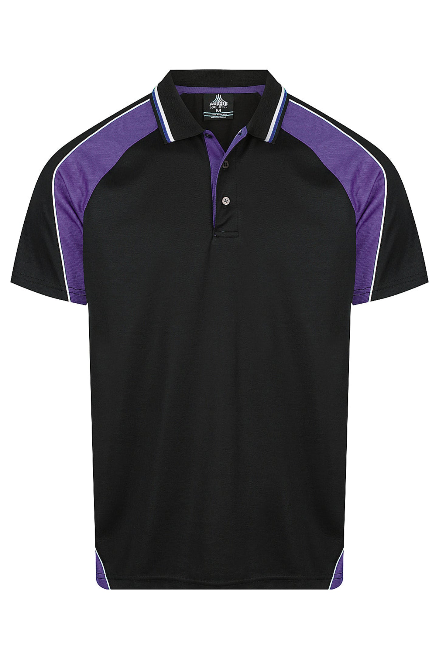 Black polo shirt with purple accents on a white background
