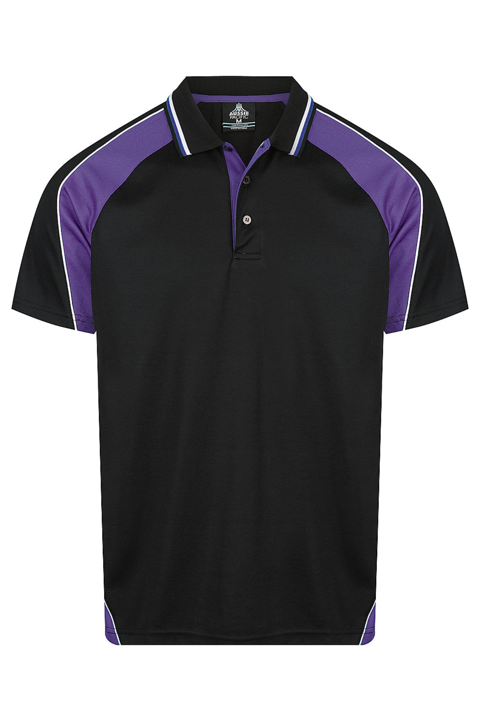 Black polo shirt with purple accents on a white background