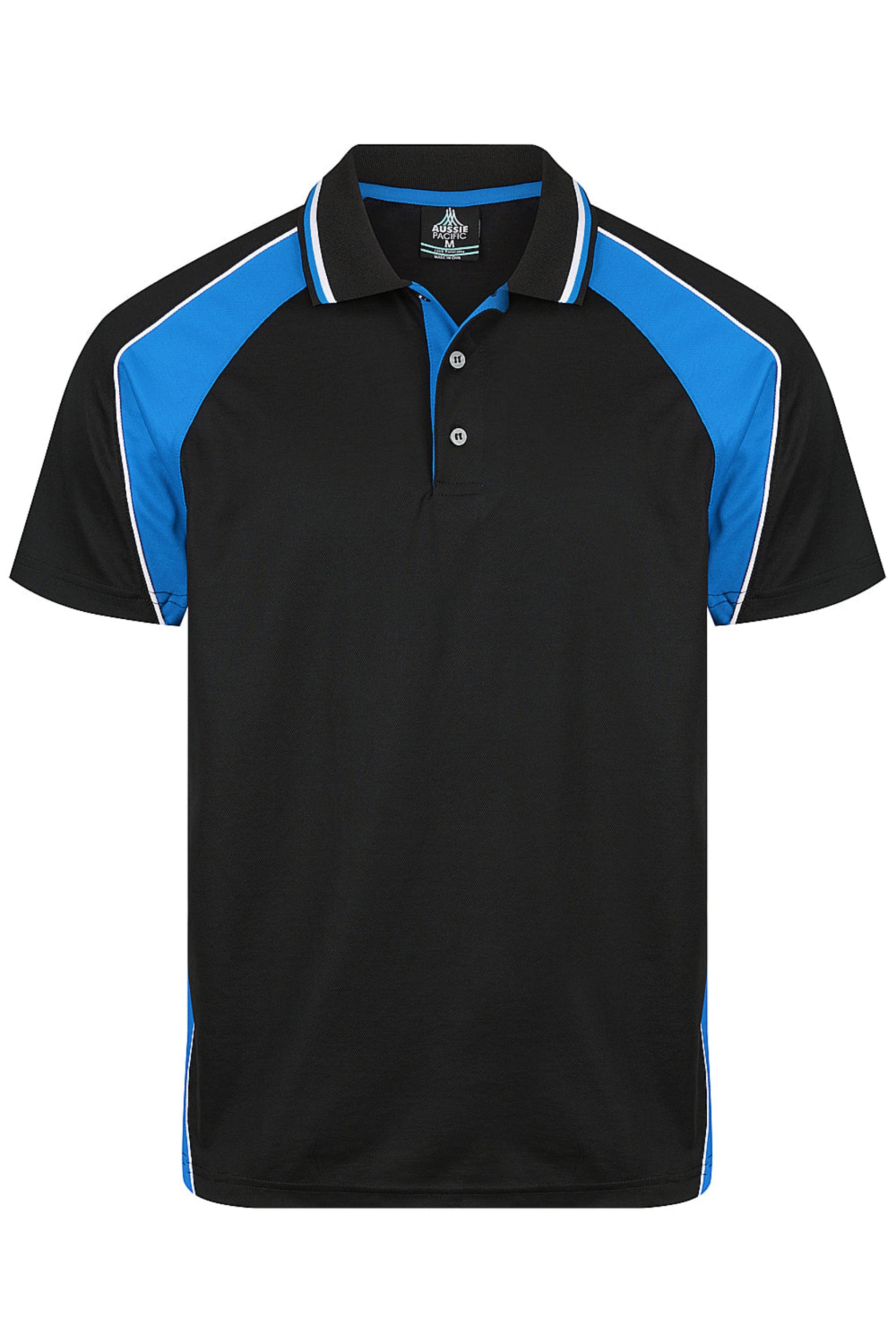Black polo shirt with blue accents on a white background
