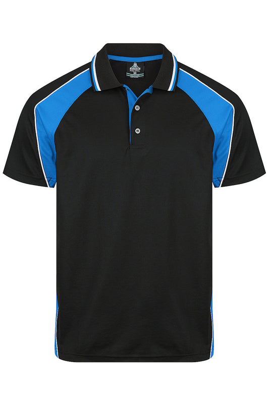 Black polo shirt with blue accents on a white background