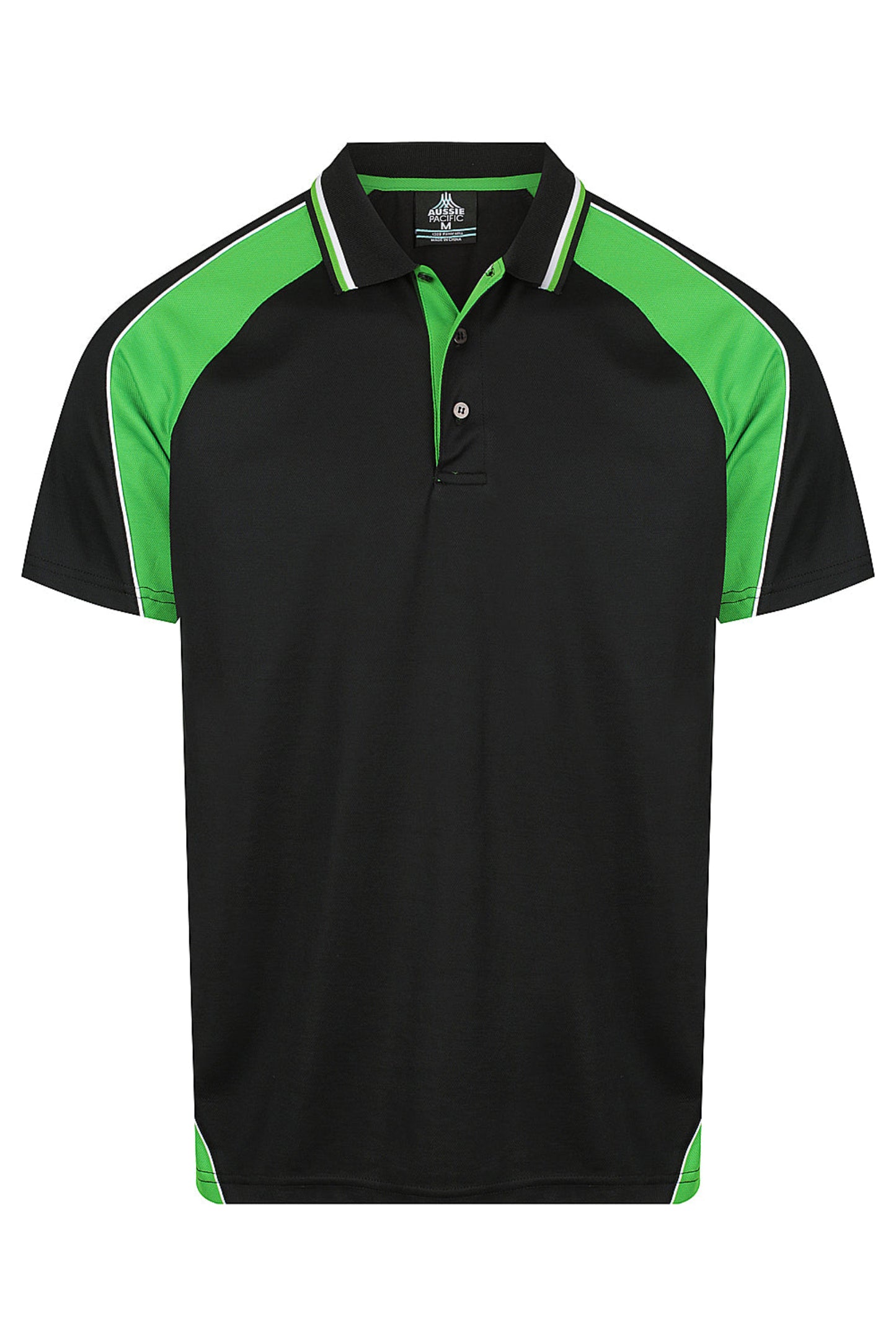 Black polo shirt with green accents on a white background