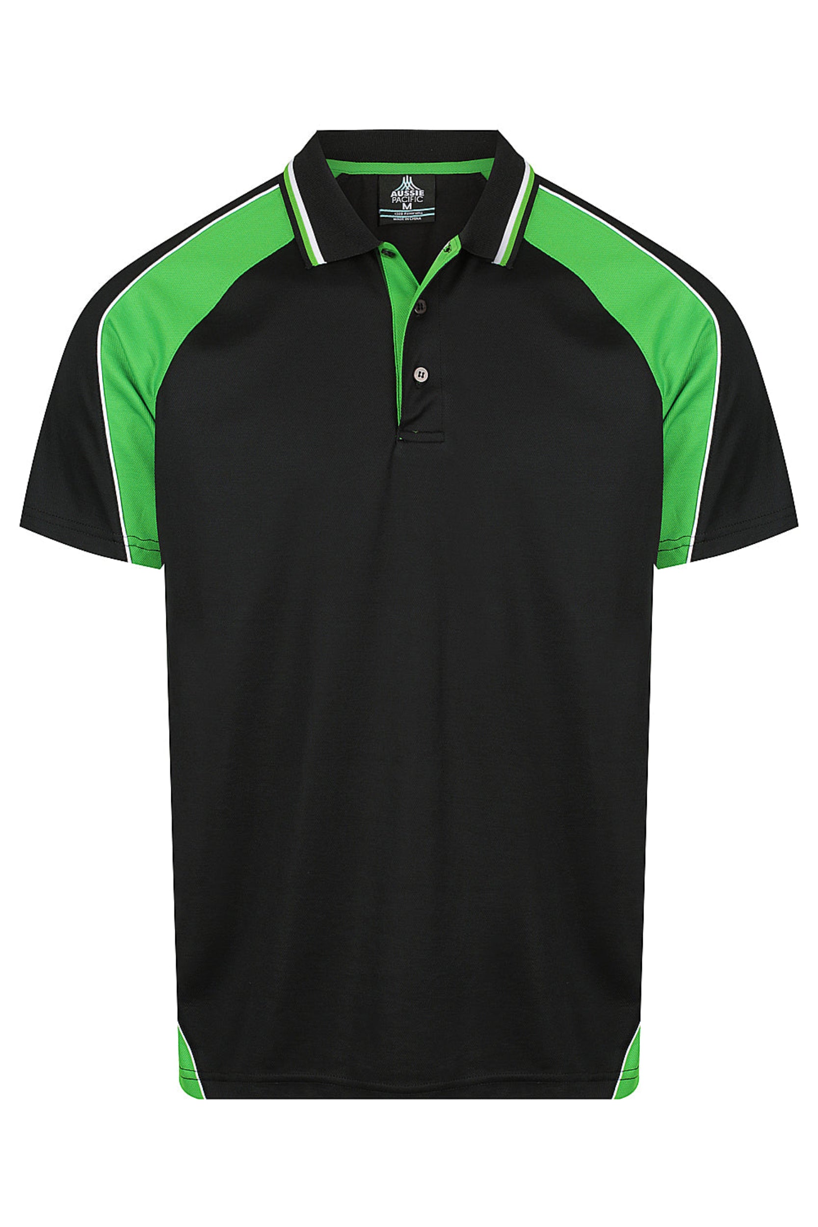 Black polo shirt with green accents on a white background