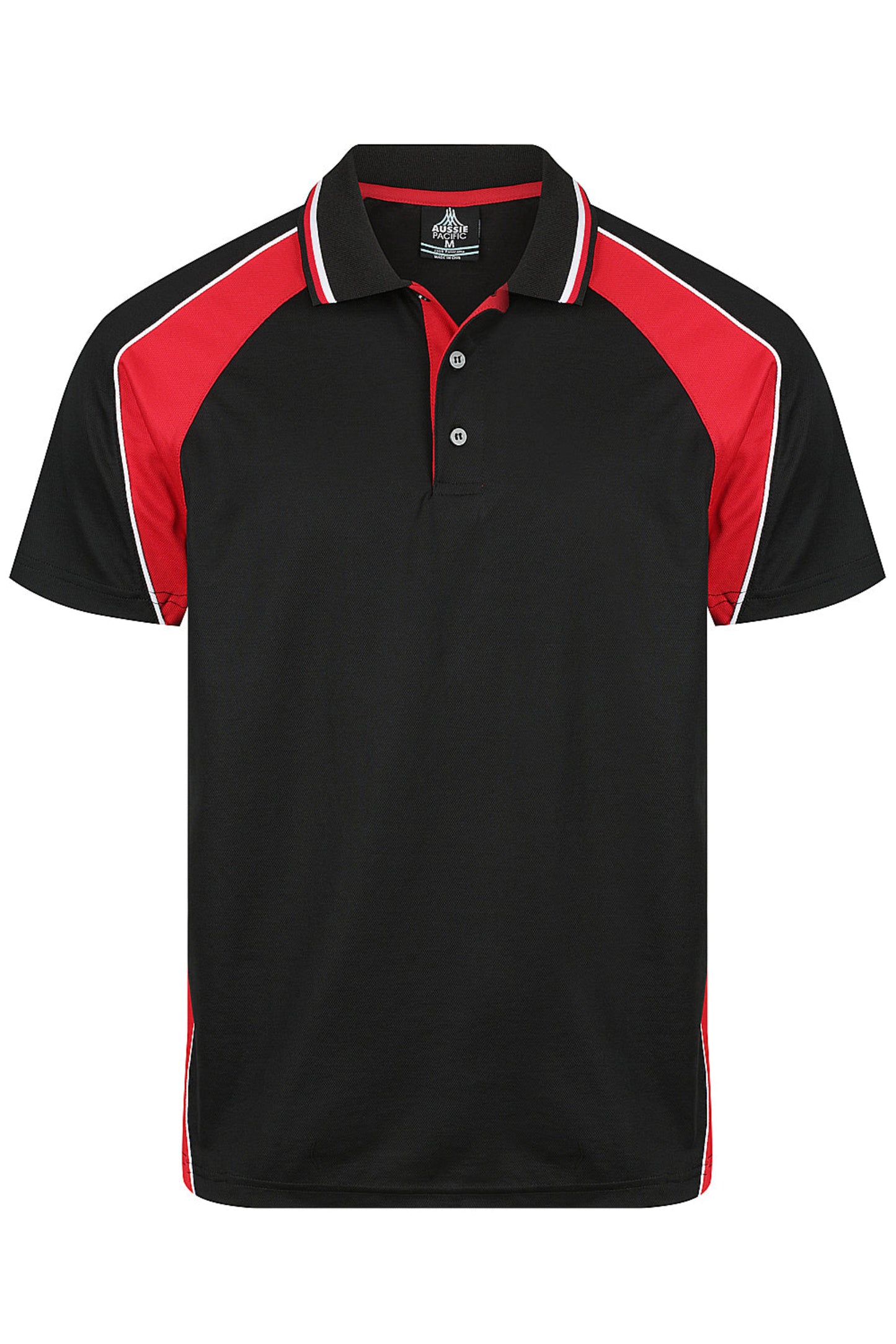 Black and red polo shirt with white buttons on a white background