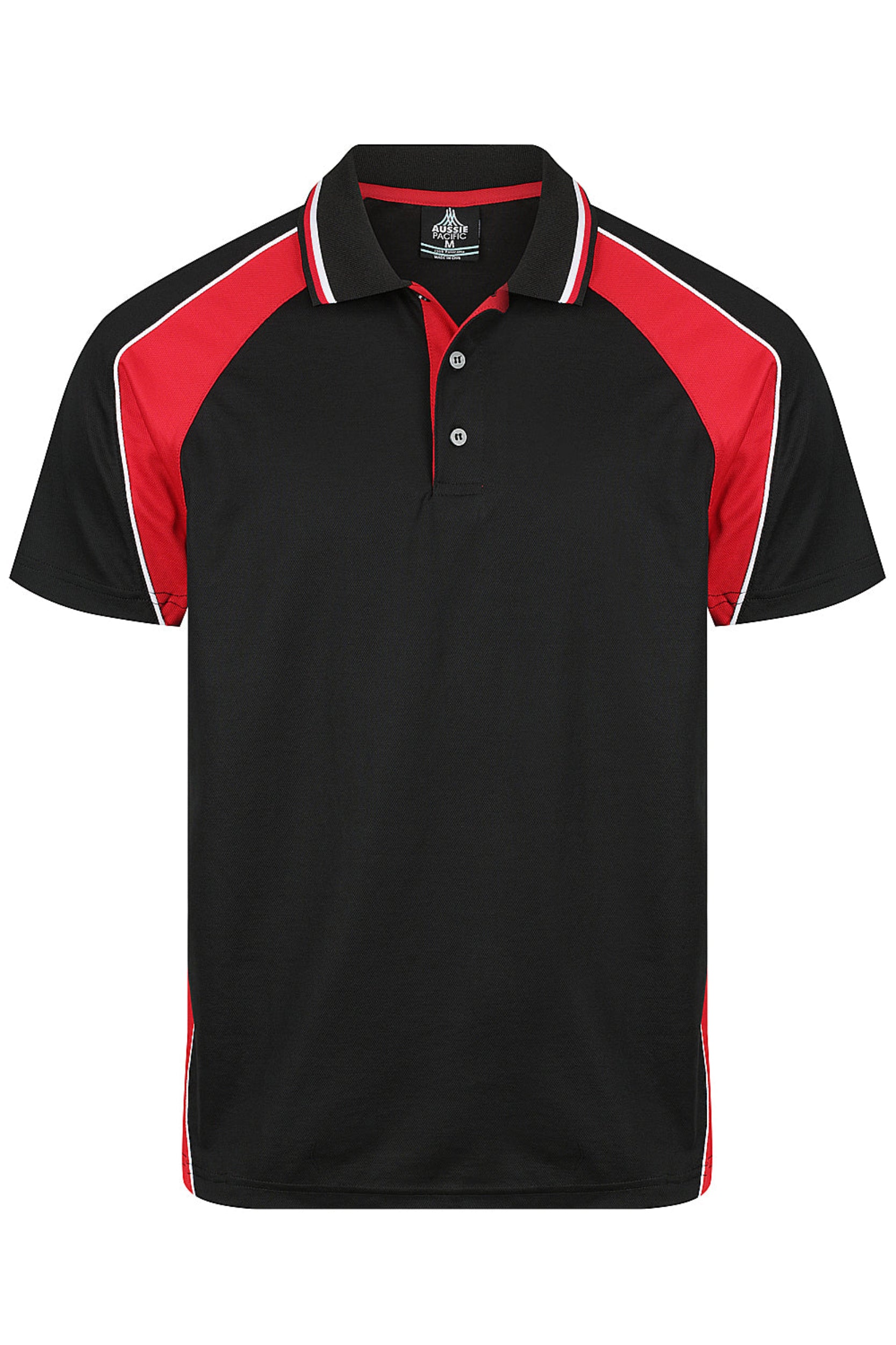 Black and red polo shirt with white buttons on a white background