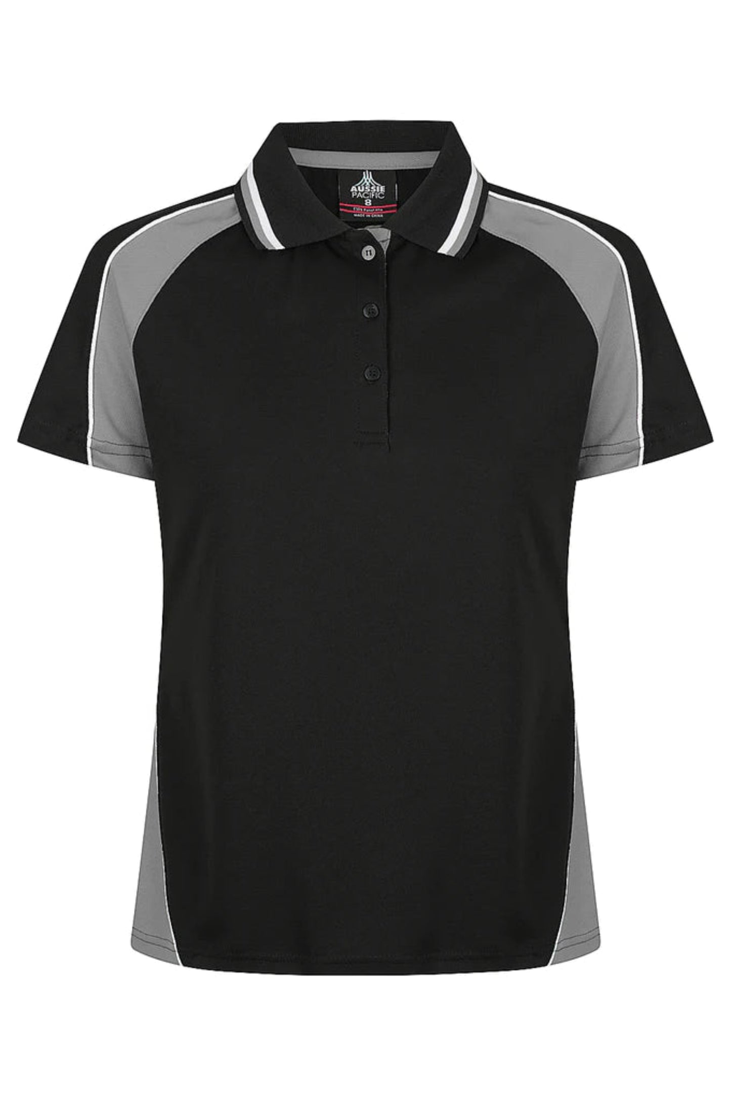 Black and gray polo shirt with a brand label on a white background