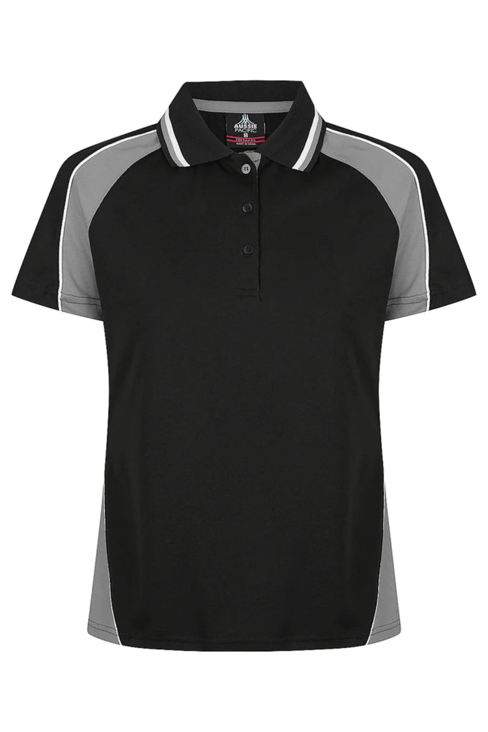 Black and gray polo shirt with a brand label on a white background