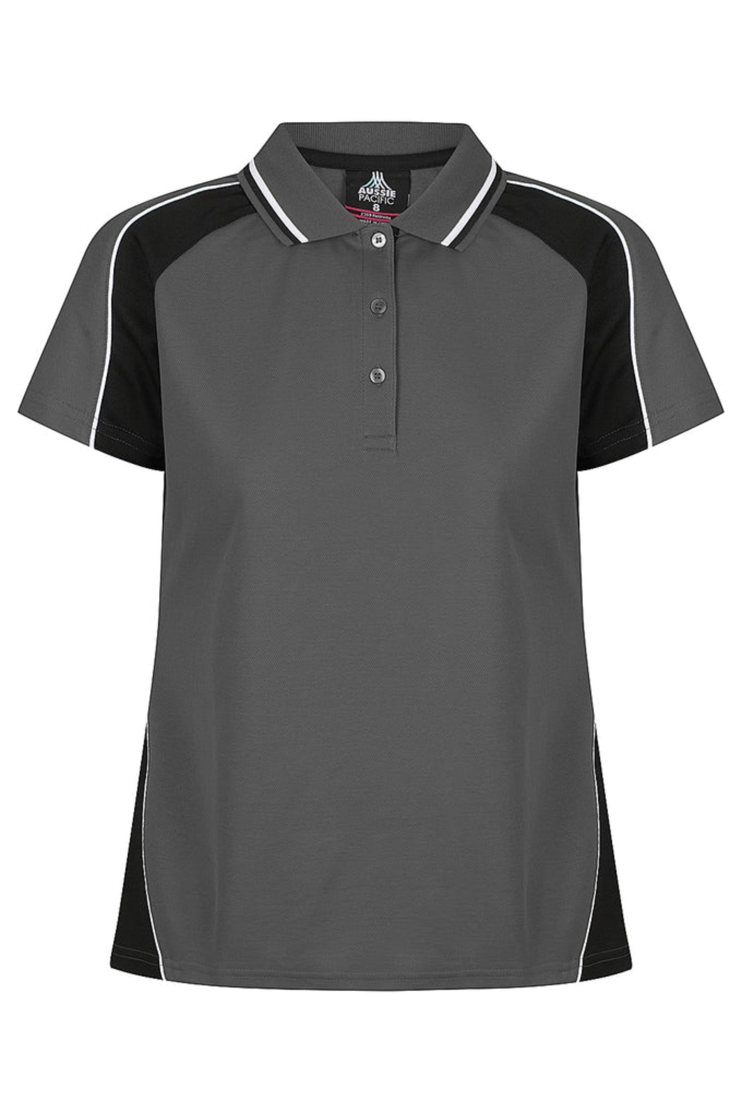 Gray polo shirt with black sleeves and white accents on a white background
