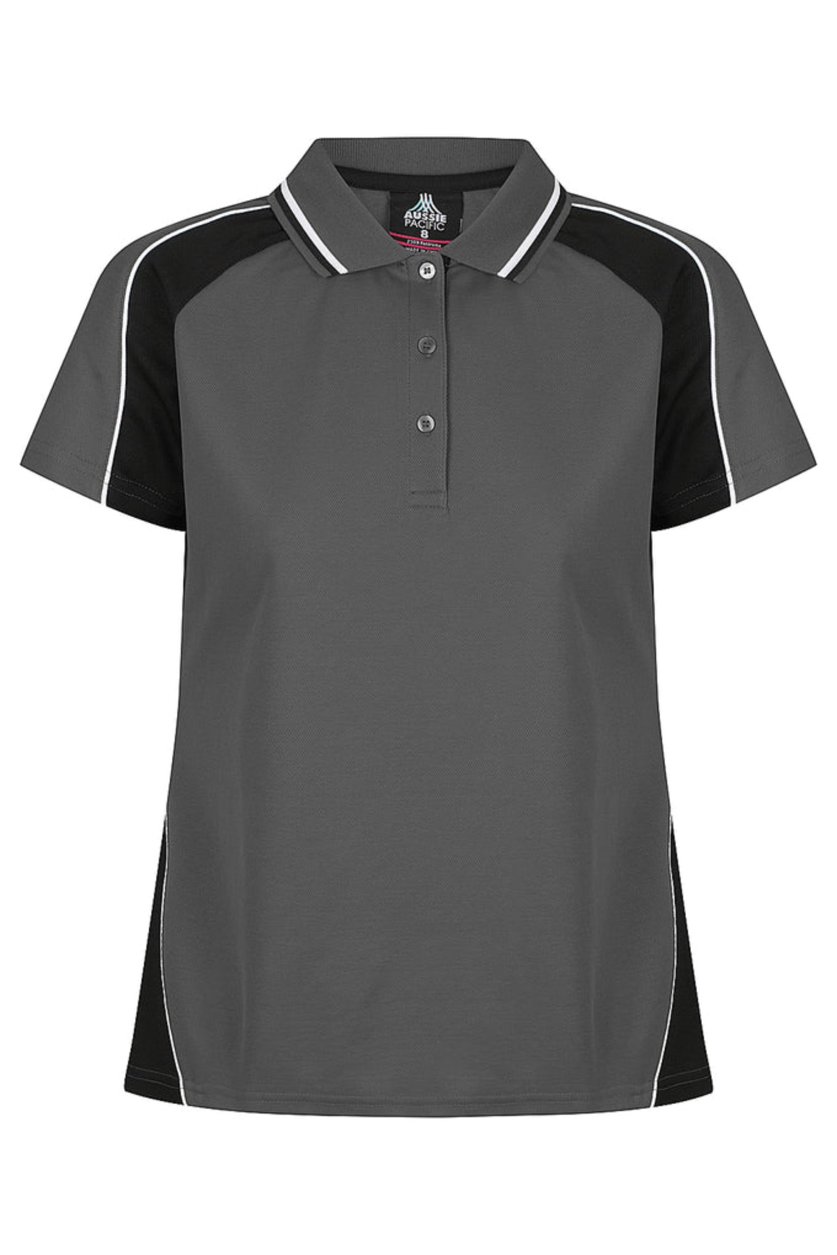 Gray polo shirt with black sleeves and white accents on a white background