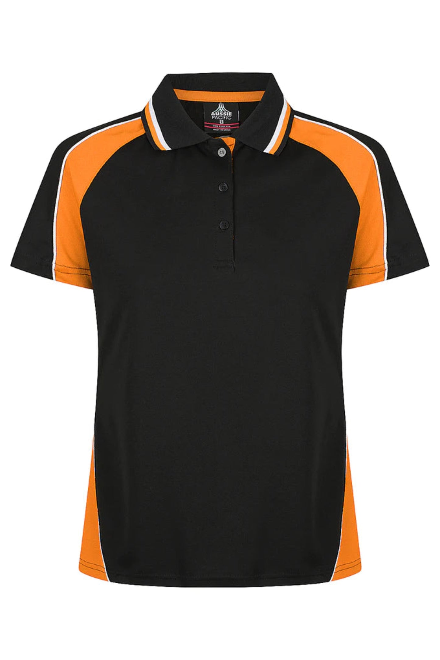 Black and orange polo shirt on a white background