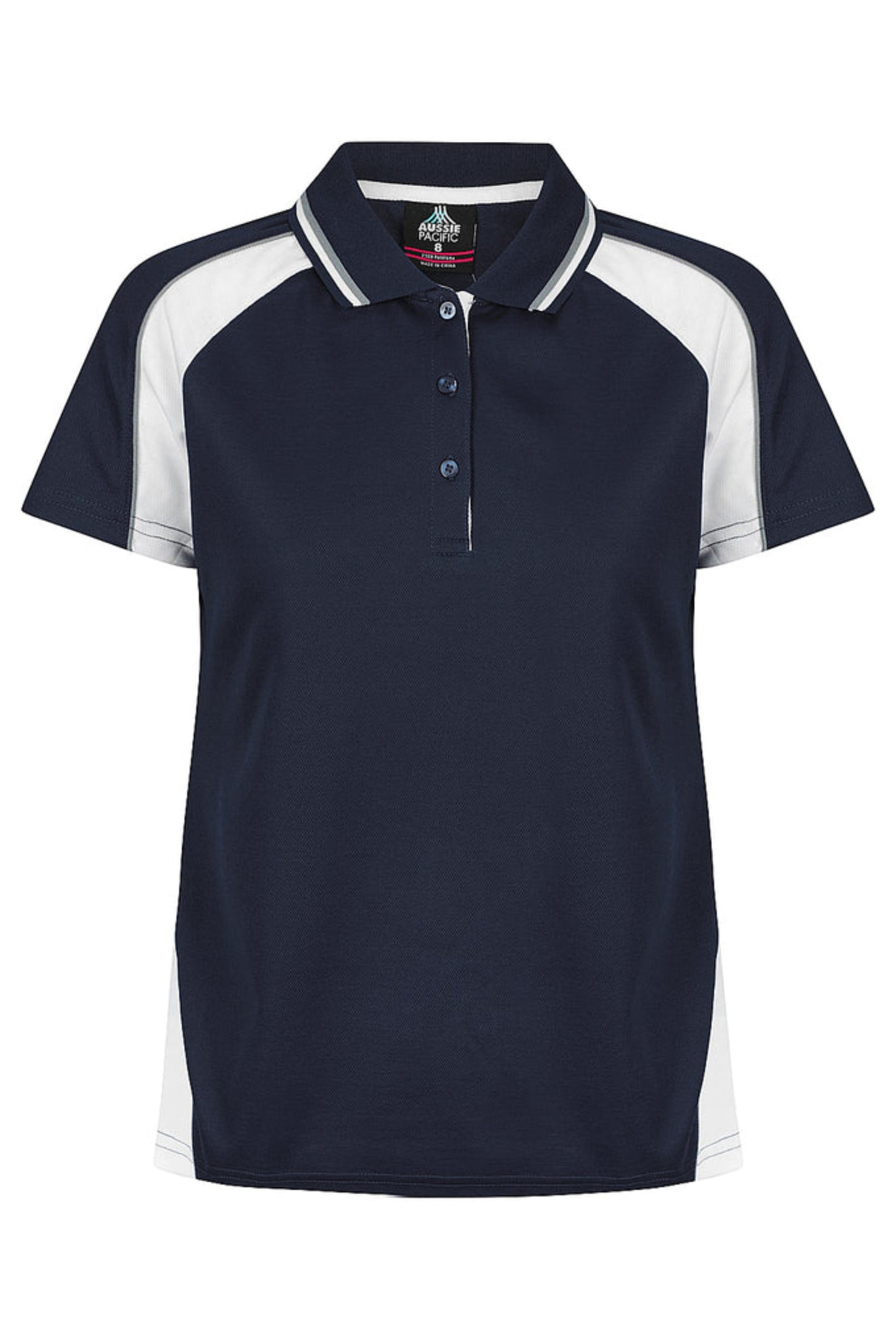 Navy and white polo shirt with a brand logo on a white background