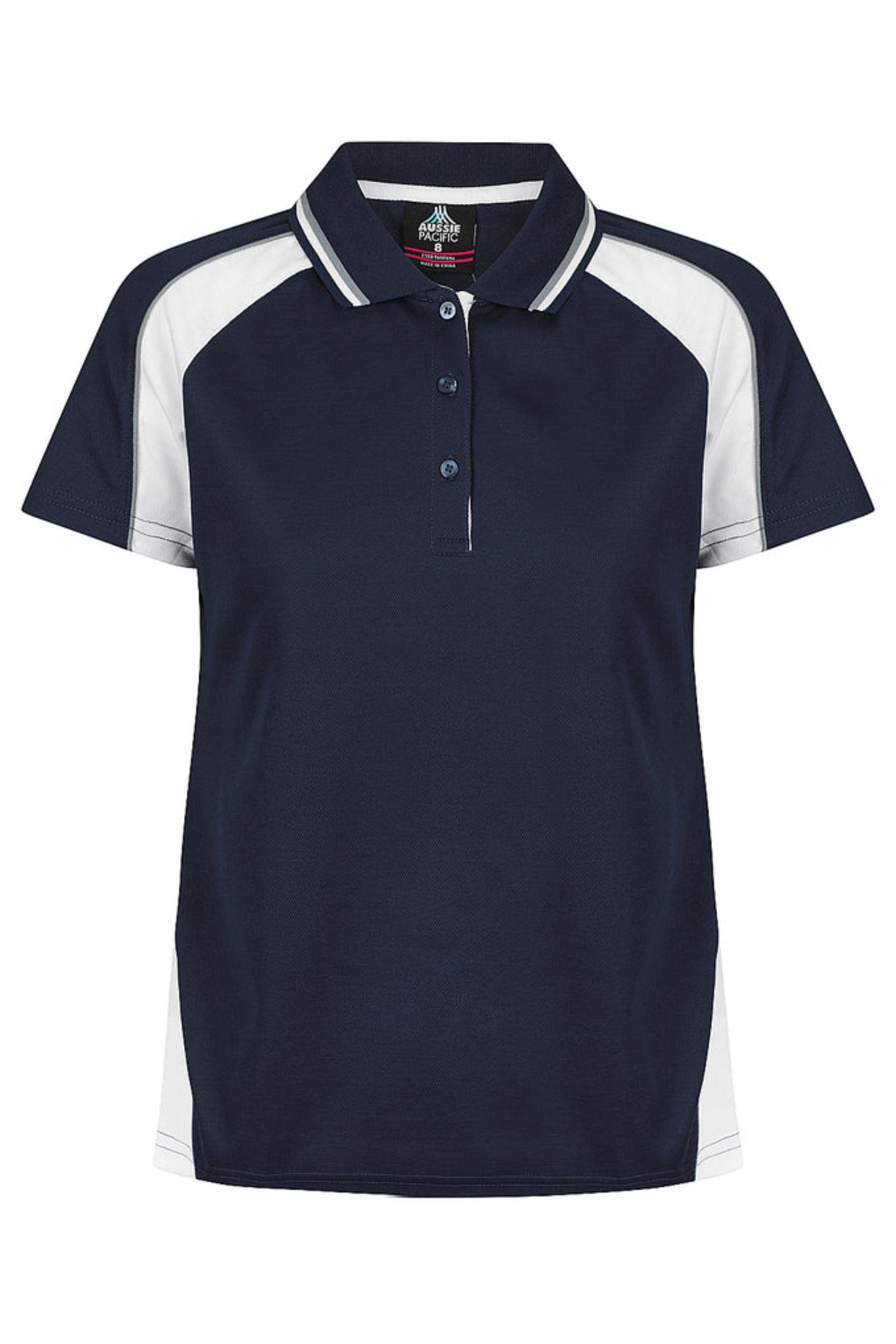Navy and white polo shirt with a brand logo on a white background