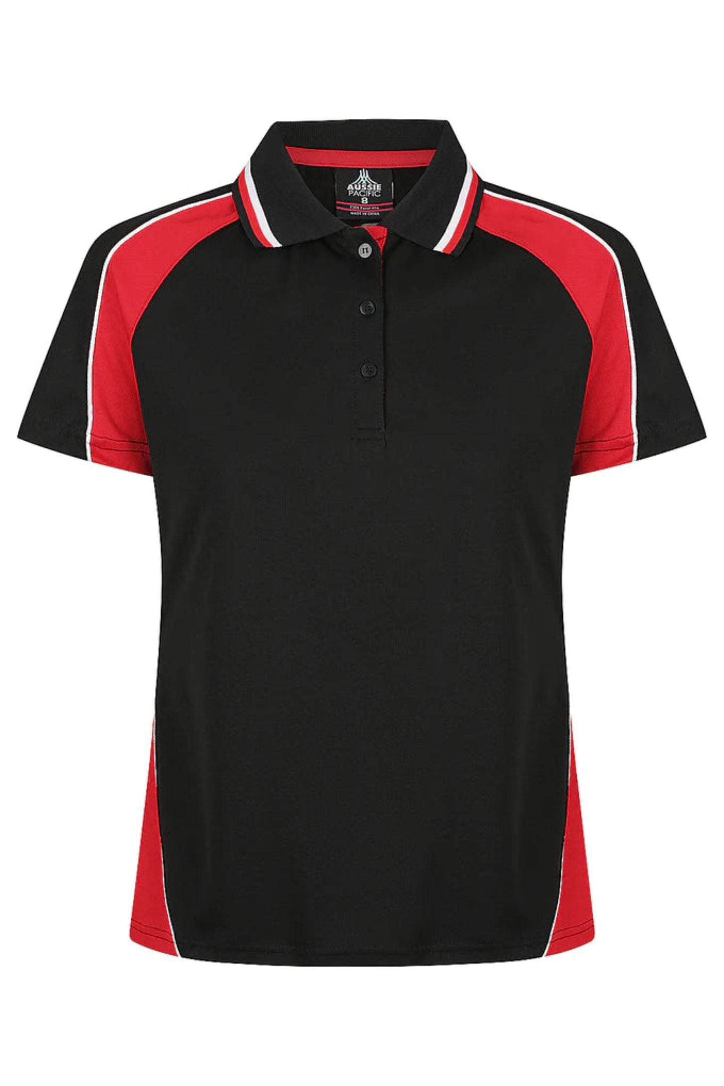 Black and red polo shirt with white accents on a white background