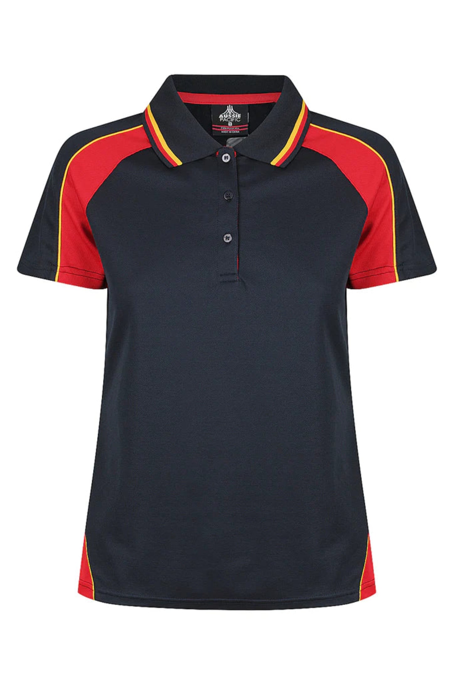 Black and red polo shirt with a visible brand logo on a white background