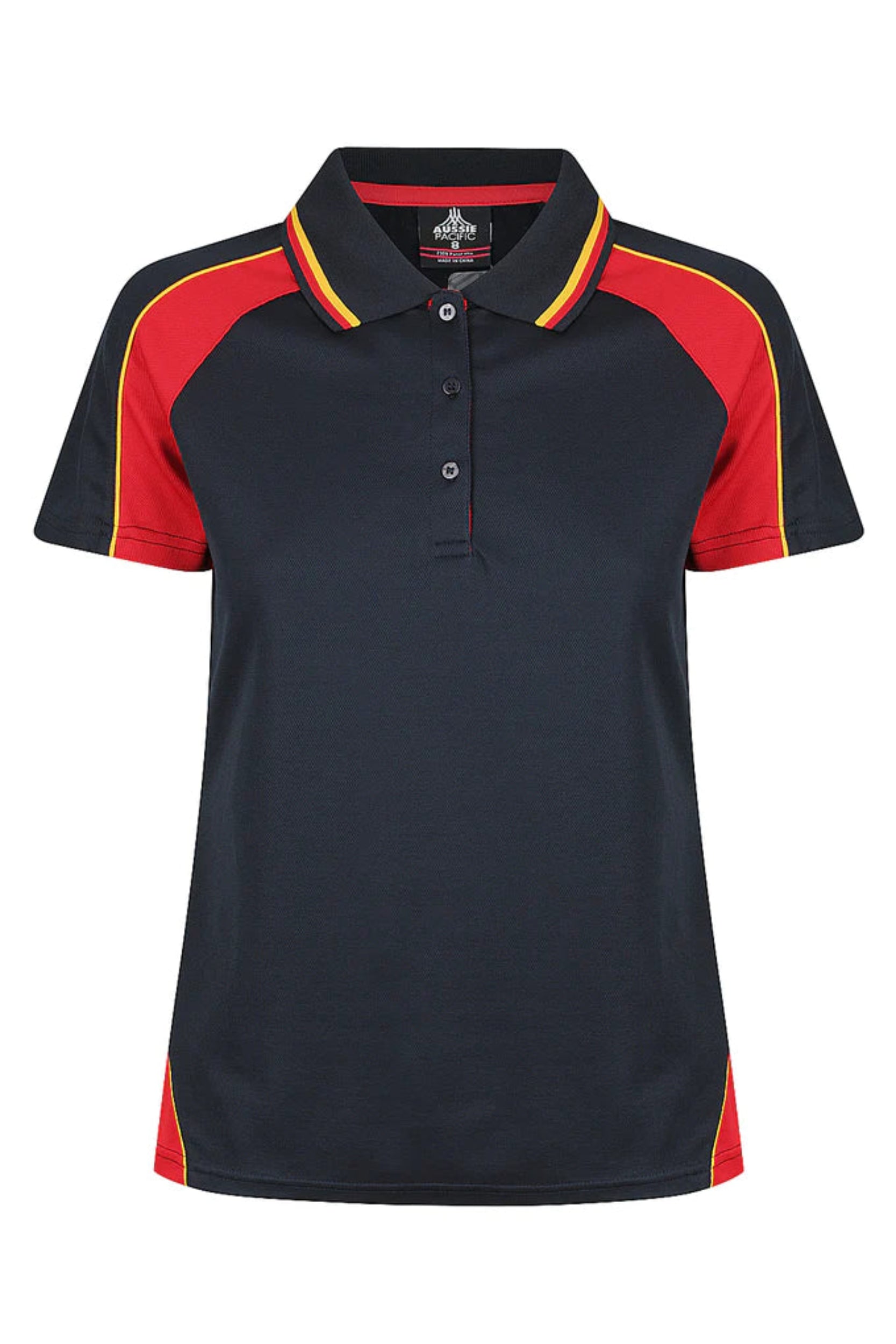 Black and red polo shirt with a visible brand logo on a white background