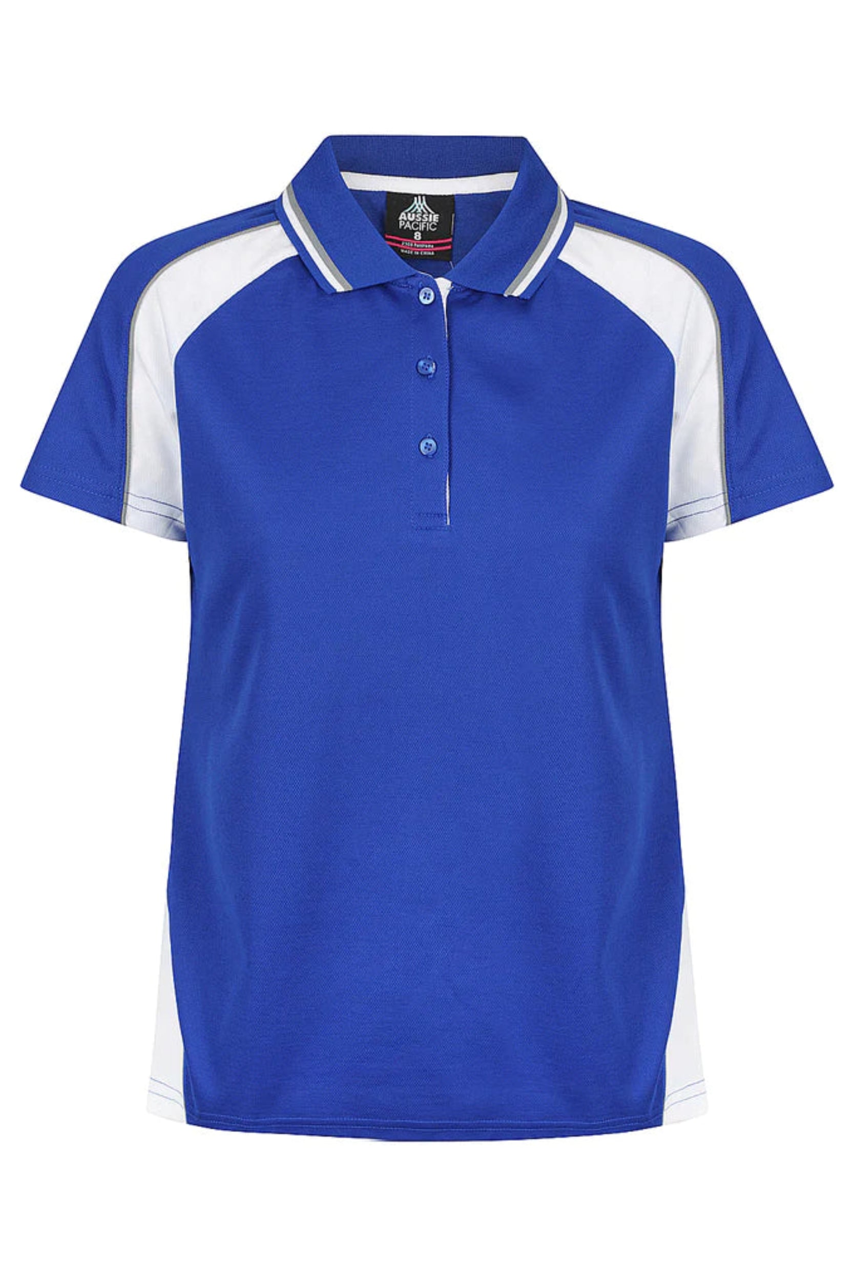 Blue and white polo shirt with a brand logo on a white background