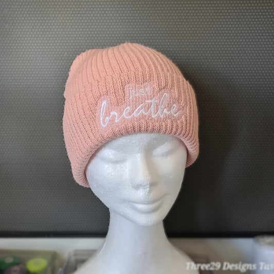 Warm Embroidered Ribbed Knit Beanie "just breathe"