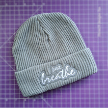 Load image into Gallery viewer, Warm Embroidered Ribbed Knit Beanie &quot;just breathe&quot;
