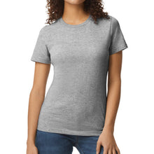 Load image into Gallery viewer, Woman wearing a gray t-shirt and blue jeans on a white background
