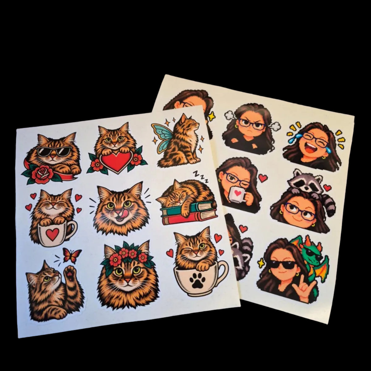 Two sheets of vinyl stickers featuring cartoon cat illustrations and retro-style girl portraits, displayed on a purple cutting mat. The brand name 'Three 29 Designs' is visible in the bottom right corner.